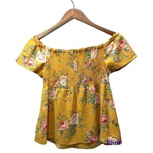 Monteau Smocked Short Sleeve Floral Blouse Mustard Yellow/Multi, Sz Large